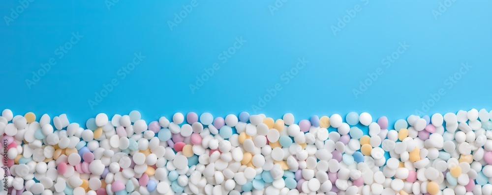 Different pharmaceutical colorful medicine pills, tablets and capsules on bright blue background. Medicine creative concepts. Flat lay top view with copy space - obrazy, fototapety, plakaty 