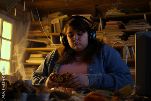 Fat girl with Computer Addiction. The Dangers of an Inactive Lifestyle: Combating Sedentarism, Poor Diet, and Social Isolation. 