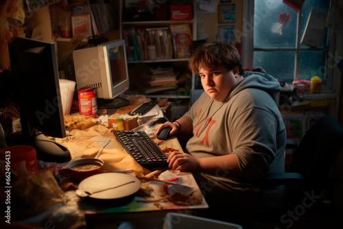 Fat boy with Computer Addiction. The Dangers of an Inactive Lifestyle: Combating Sedentarism, Poor Diet, and Social Isolation.



 photo