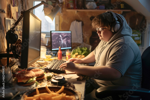 Fat boy with Computer Addiction. The Dangers of an Inactive Lifestyle: Combating Sedentarism, Poor Diet, and Social Isolation.



 photo