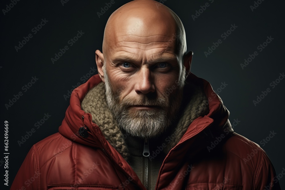 Portrait of an old man with a gray beard and a red jacket. Portrait of an old man with a gray beard and a red jacket.