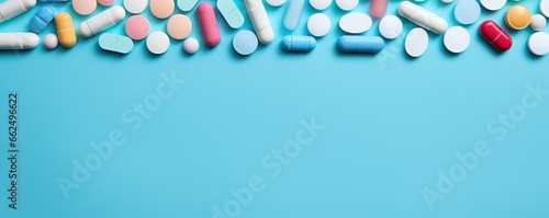 Different pharmaceutical colorful medicine pills, tablets and capsules on bright blue background. Medicine creative concepts. Flat lay top view with copy space