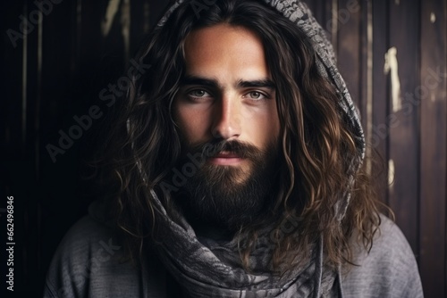 Handsome man with long beard and moustache in gray sweater and scarf on wooden background