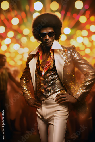 A cool black man from the 70s with a prominent afro exudes confidence as he strikes a pose on the disco floor in his shiney gold outfit