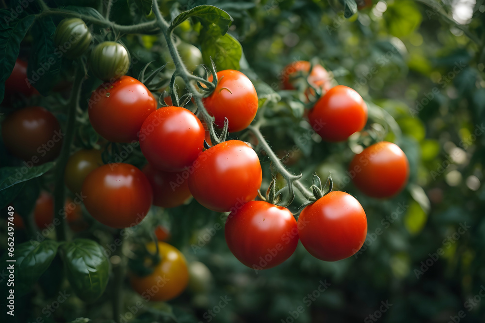 Ripe red tomatoes are hanging on the tomato tree in the garden
