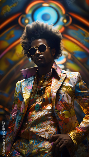 Black man with afro radiates confidence and swagger in retro 70s disco fashion photo
