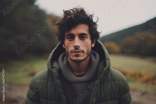 Portrait of a handsome young man with curly hair wearing a green down jacket and looking at the camera. © Iigo