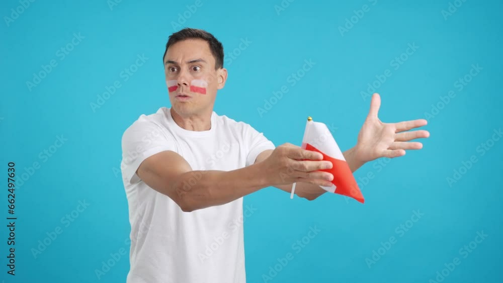 Man cheering for Poland, angry with the decision of referee Man cheering for Poland, angry with the decision of referee