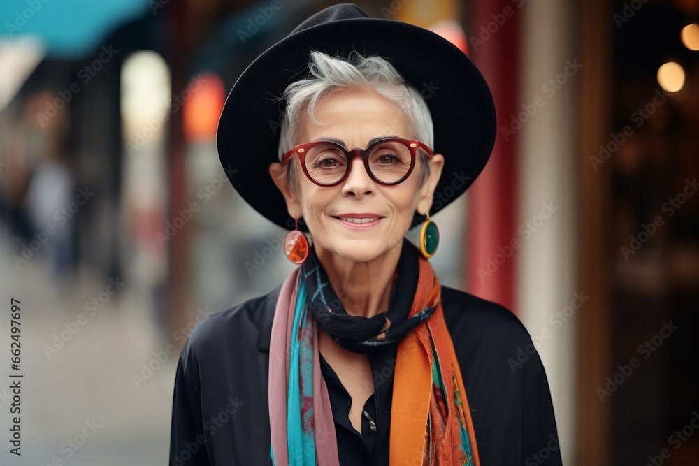 smiling senior woman in eyeglasses and hat walking in city