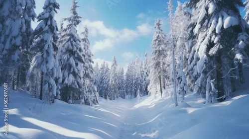 Tranquil snow-covered forest within a ski resort,
