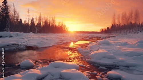 Tranquil sunset over a frozen river, with the ice and snow taking on a warm golden hue, creating a serene winter evening scene. © Nasreen