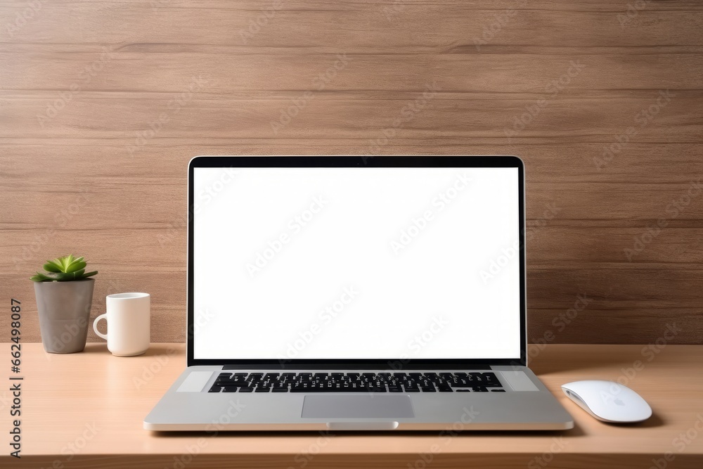 A laptop with a blank empty screen on a table or desk in a home office. Generative AI. A laptop with a blank empty screen on a table or desk in a home office. Generative AI.