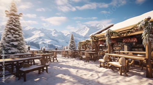 Tranquil winter café at the base of a ski resort, with outdoor seating surrounded by heaters, where skiers take a break and enjoy warm beverages against the backdrop of snow-covered mountains.