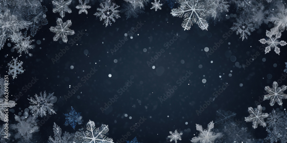 Frame made of snow with snowflakes and ice crystals on dark blue background, top view with space for text Frame made of snow with snowflakes and ice crystals on dark blue background, top view with space for text