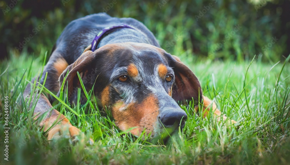 bluetick coonhound sadly lying with his head on the lawn bluetick coonhound sadly lying with his head on the lawn