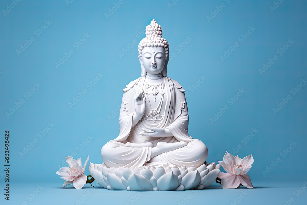 Big white bodhisattva Guanyin statue isolated on blue color background, religion Buddha praying fortune, wealth, money concept Big white bodhisattva Guanyin statue isolated on blue color background, religion Buddha praying fortune, wealth, money concept