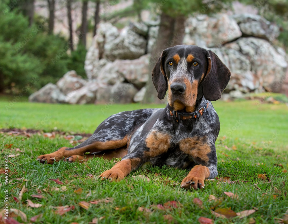 bluetick coonhound lying on the park lawn.