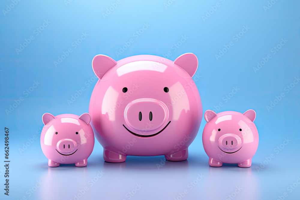 Title Smiling Pink Piggy Banks Family, Symbolizing Finance, Savings, and Preparation for a Secure Future. Isolated on Blue Background, Planning and Saving for Financial Stability and Long-Term Goals