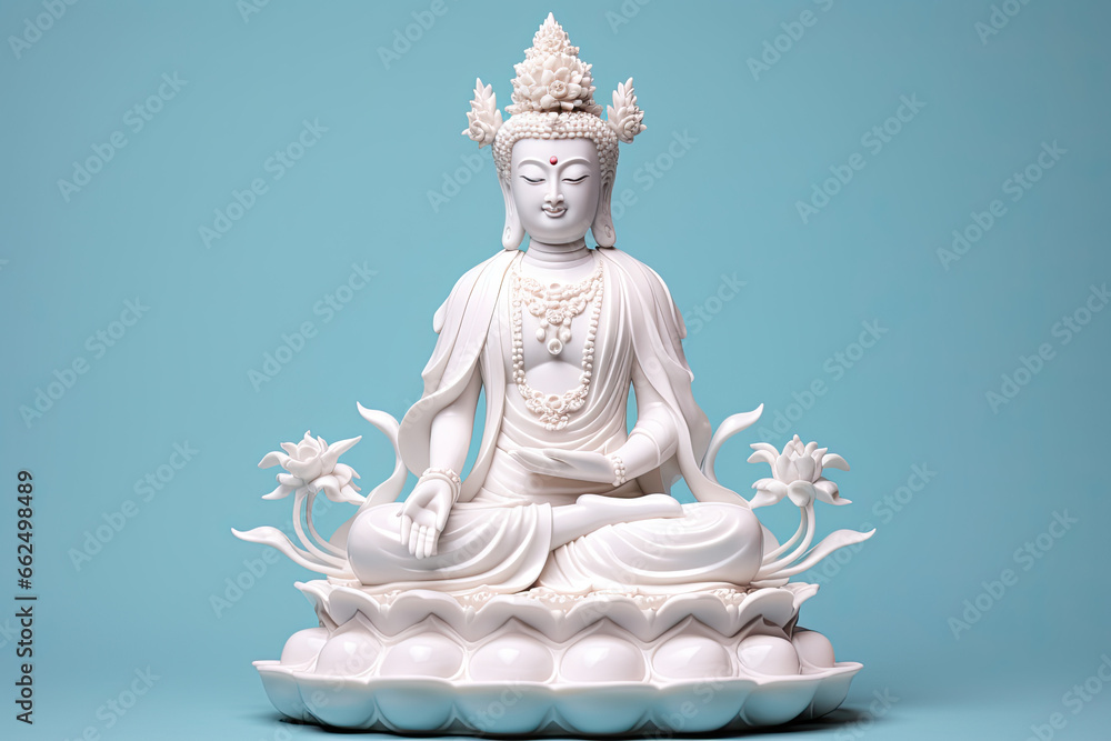 Big white bodhisattva Guanyin statue isolated on color background, religion Buddha praying fortune, wealth, money concept Big white bodhisattva Guanyin statue isolated on color background, religion Buddha praying fortune, wealth, money concept