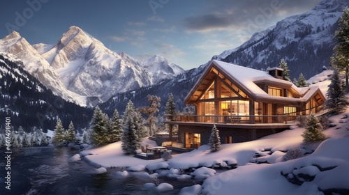 Tranquil winter chalet at the heart of a ski resort  surrounded by pristine snow-covered slopes and the distant peaks of a mountain range  offering a picturesque retreat for winter enthusiasts.