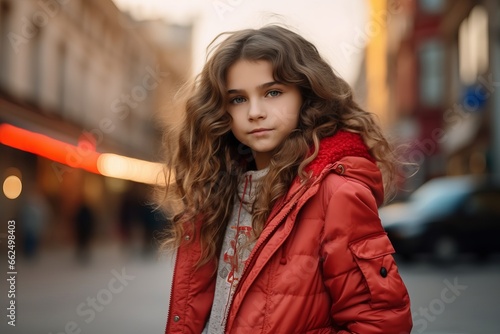 Portrait of a beautiful girl in a red jacket on the street © Iigo