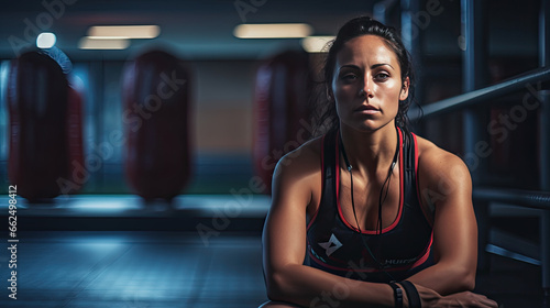 Crossfit woman sitting on floor at gym looking into the camera resting after cross-fit workout. Concept of power, healthy lifestyle, sport Copy free space