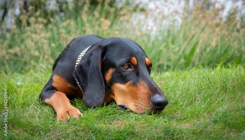 black and tan coonhound sadly lying with his head on the lawn