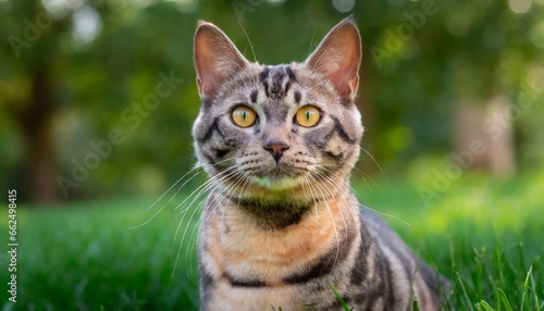 A close up portrait of an american wirehair cat looking directly into the camera photo