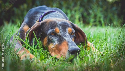 bluetick coonhound sadly lying with his head on the lawn photo