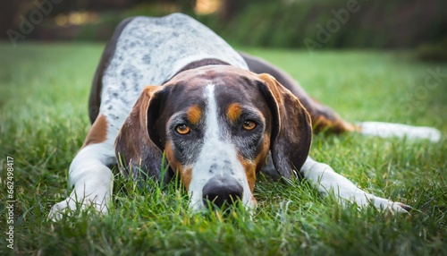 bluetick coonhound sadly lying with his head on the grass photo