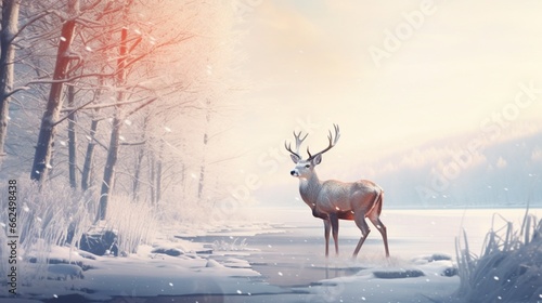 Tranquil winter deer by a frozen lake, its breath visible in the crisp air, as it gracefully moves through the snow-covered landscape under a clear sky. © Nasreen