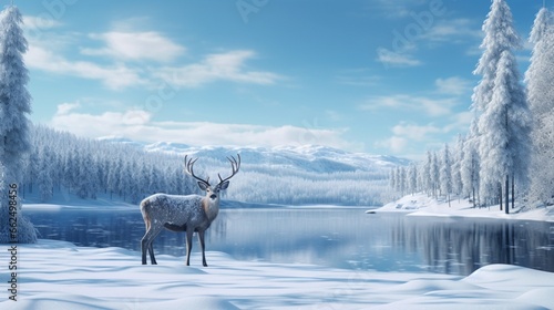 Tranquil winter deer by a frozen lake  its breath visible in the crisp air  as it gracefully moves through the snow-covered landscape under a clear sky.