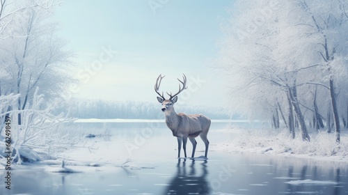 Tranquil winter deer by a frozen lake, its breath visible in the crisp air, as it gracefully moves through the snow-covered landscape under a clear sky.