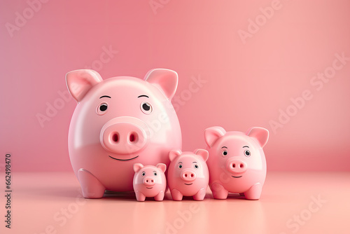 Title Smiling Pink Piggy Banks Family  Symbolizing Finance  Savings  and Preparation for a Secure Future. Isolated on Pink Background  Planning and Saving for Financial Stability and Long-Term Goals
