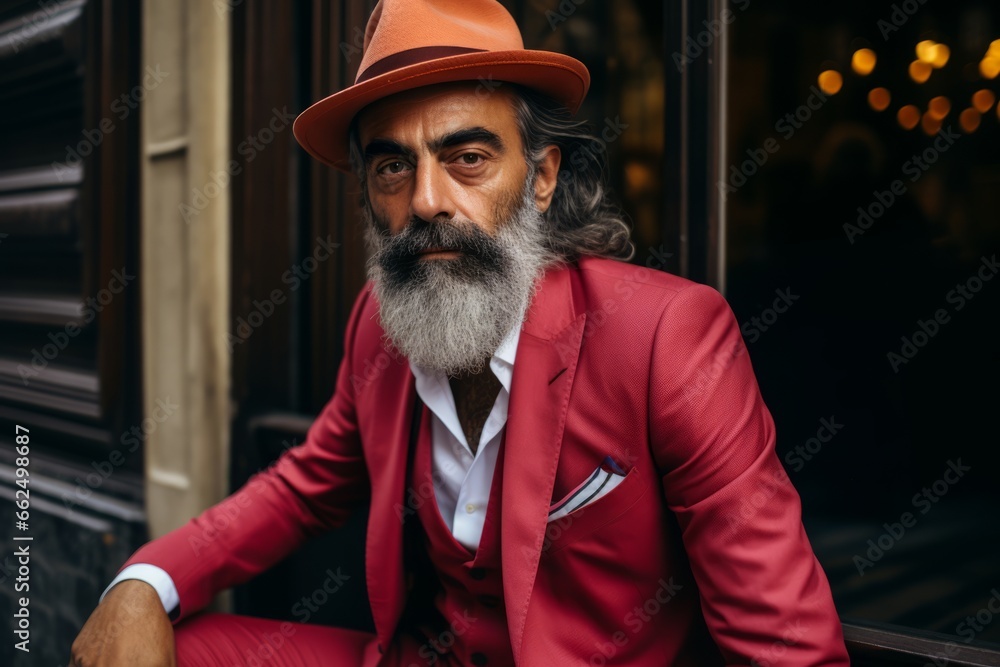 Portrait of an old man in a red suit and a hat.