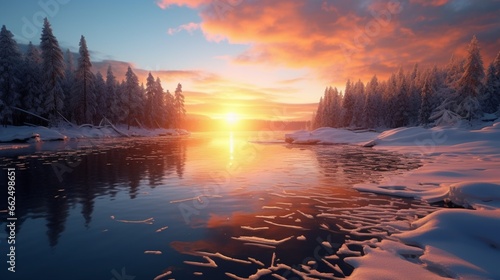 Tranquil winter lake at sunset, with the ice reflecting the warm colors of the sinking sun, creating a breathtaking and peaceful winter waterscape.