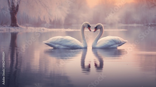 a pair of swans gracefully gliding on the water, their reflections mirrored in the water.