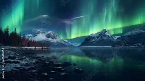 Winter lakeside with the northern lights reflected in the frozen water  creating a mesmerizing and surreal scene under the starry Arctic night.