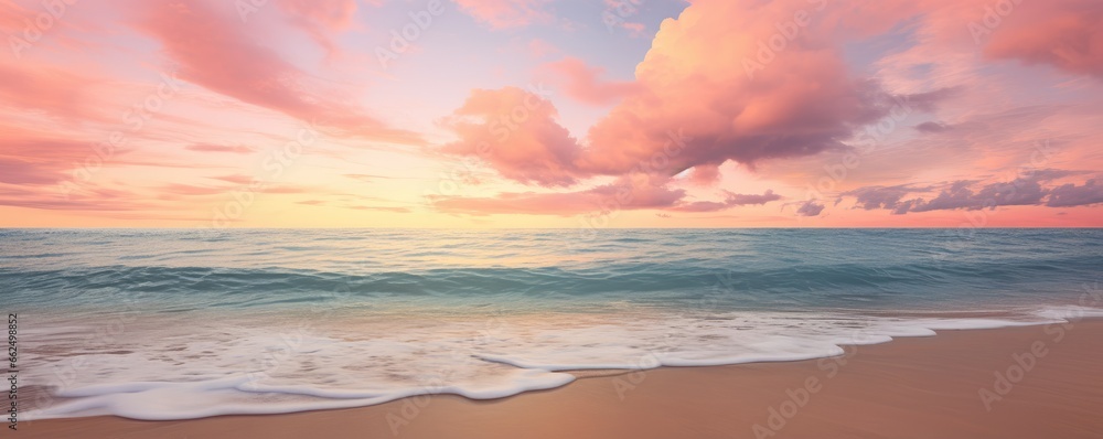 Panoramic nature landscape view of beautiful beach and sea. Inspire tropical beach with sunrise sky. Aerial top view background, drone photo backdrop of seascape horizon. Vacation travel banner - obrazy, fototapety, plakaty 