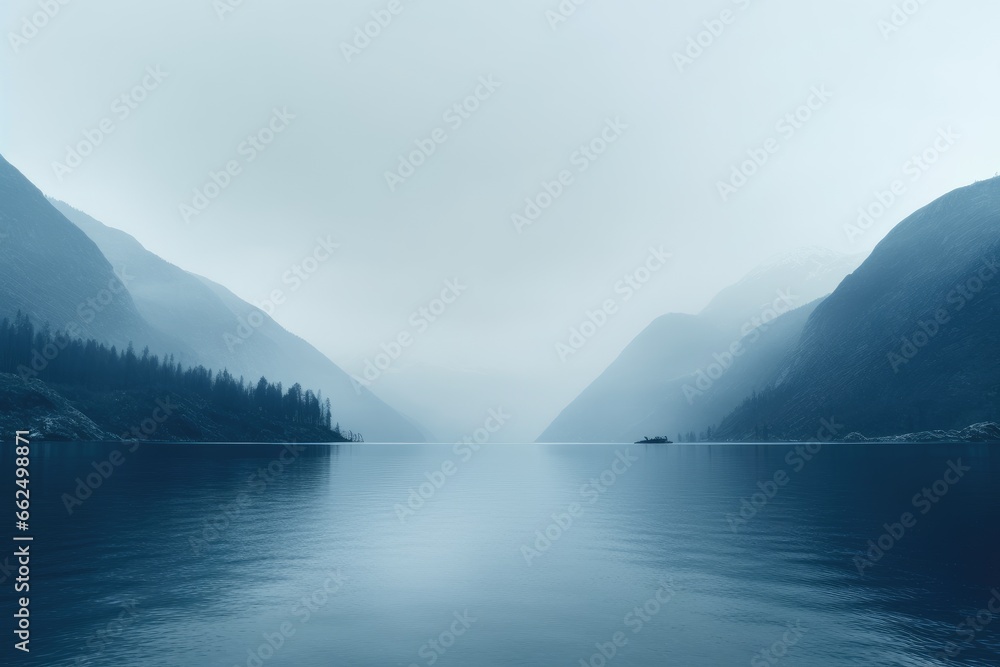 Beautiful lake in misty morning. Forest and clouds are reflected in the calm water surface. Norwegian landscape with dark forest and lake among low clouds. Nature, ecology, eco tourism