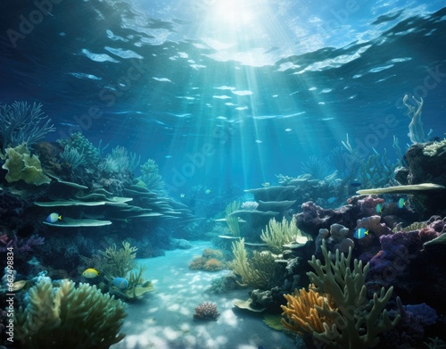 World ocean wildlife landscape, sunlight through water surface with coral reef on the ocean floor, natural scene. Abstract underwater background © ratatosk
