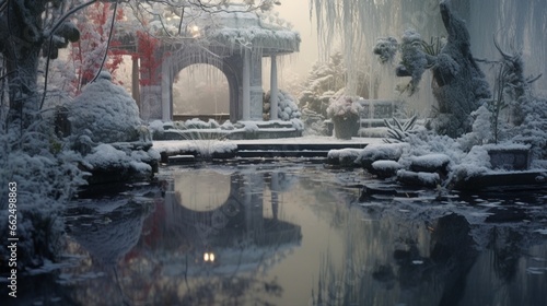 Tranquil winter reflections in a garden pond, with frosted plants and sculptures casting mirrored images on the calm surface.