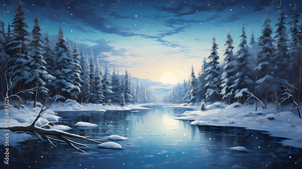 Fototapeta premium Title, Serene winter wonderland with frozen lake, snow-covered trees, and enchanting northern lights