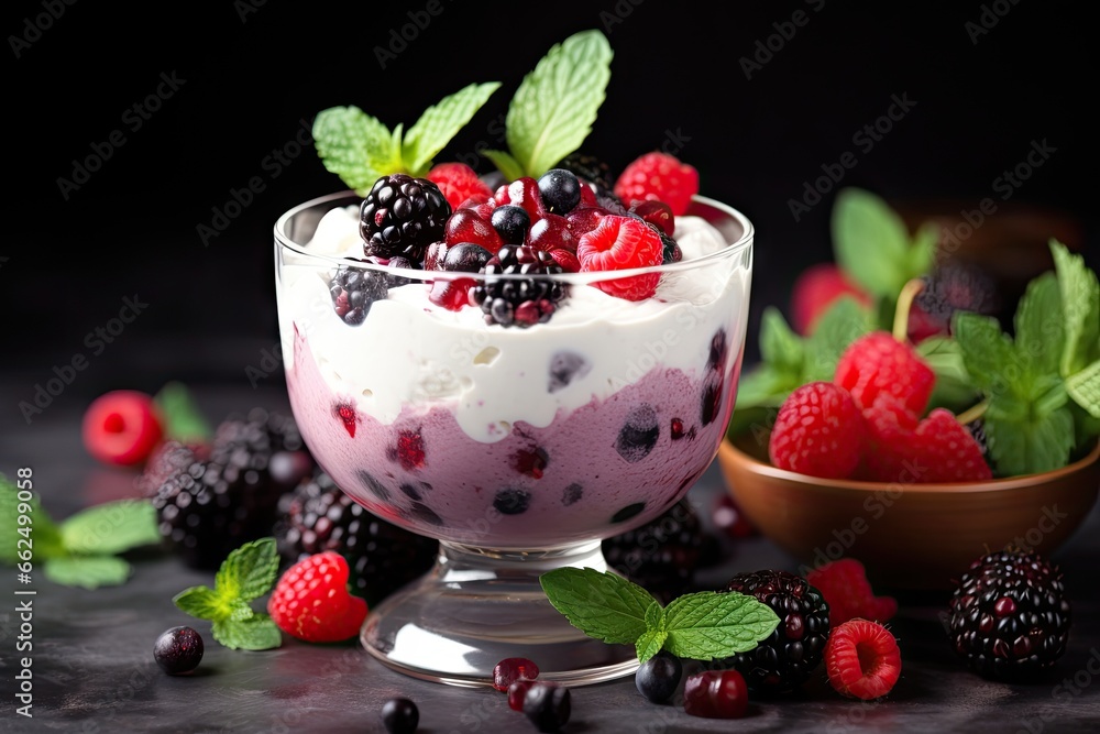 Berry yogurt with mixed forest fruits and mint Berry yogurt with mixed forest fruits and mint