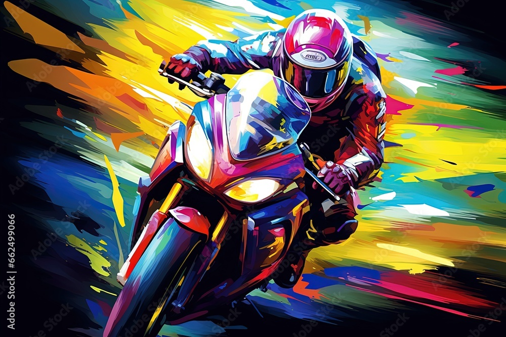 Biker on fast colorful motorcycle rides and turns