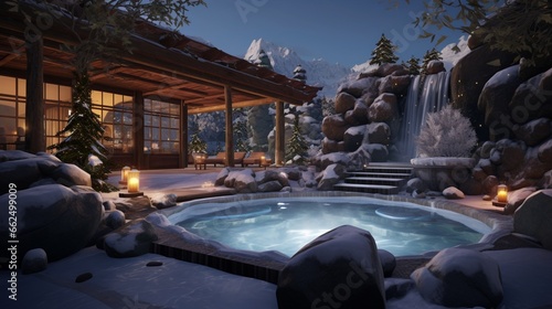 Tranquil winter spa retreat, with outdoor hot springs surrounded by snow-draped trees, offering a luxurious escape into the serenity of the season.