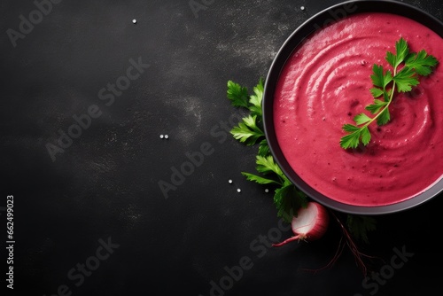 Beetroot soup in dark clay bowl over black background photo