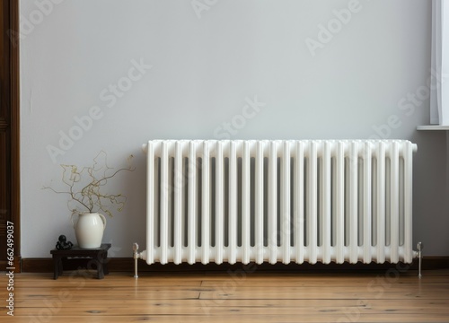 Below the window in a room is a white central heating radiator