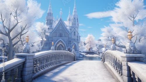 Tranquil winter town bridge adorned with frost  its architectural details highlighted by the icy coating.