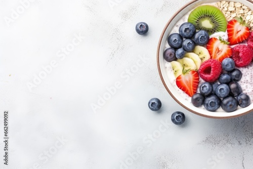 Bird s eye view of fruit and yogurt with cereal kiwi strawberries banana blueberries and raspberries separated from other items